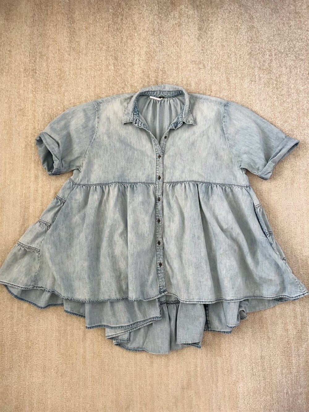 Free People Out in the Wild Blue Cotton Chambray Tunic Top XS Tiered Babydoll